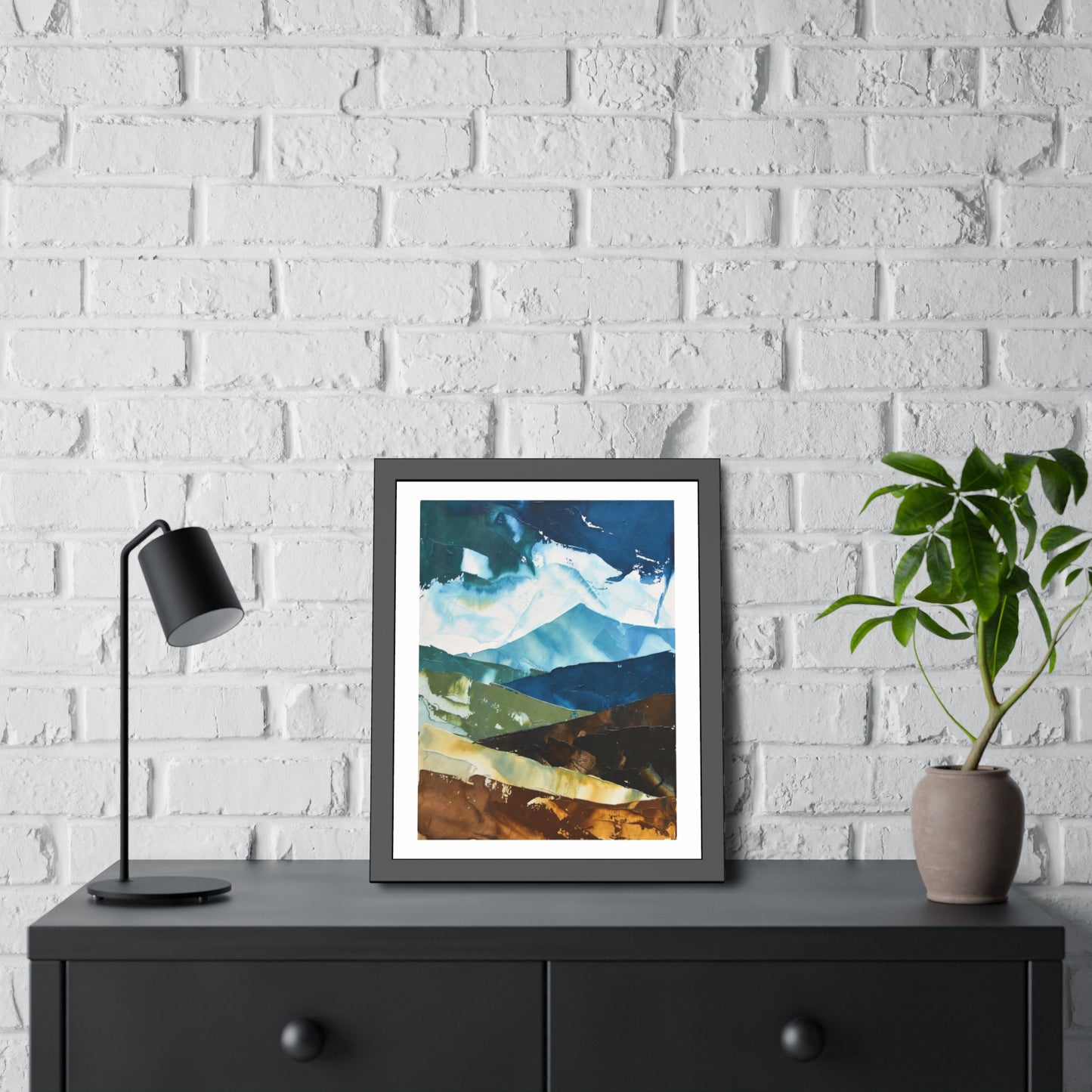 Framed Abstract Mountain Art Print – Blue & Earthtone Layered Landscape Poster