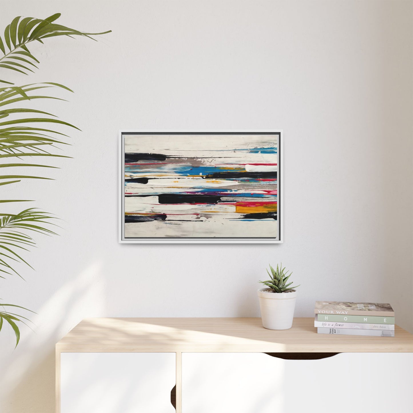 Abstract Multi-Color Framed Canvas Wall Art — Modern Horizontal Brushstroke Print