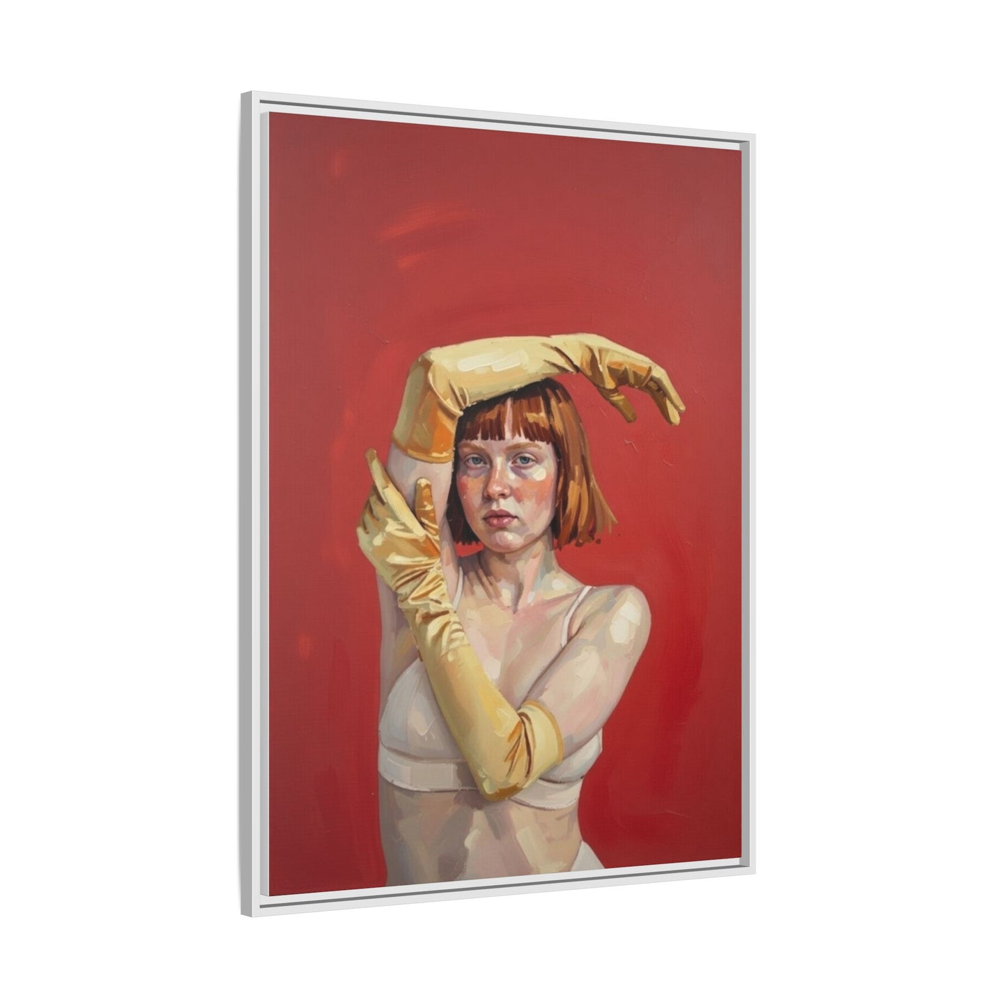 Framed Matte Canvas Art - Portrait of Woman in Yellow Gloves (Red Background)