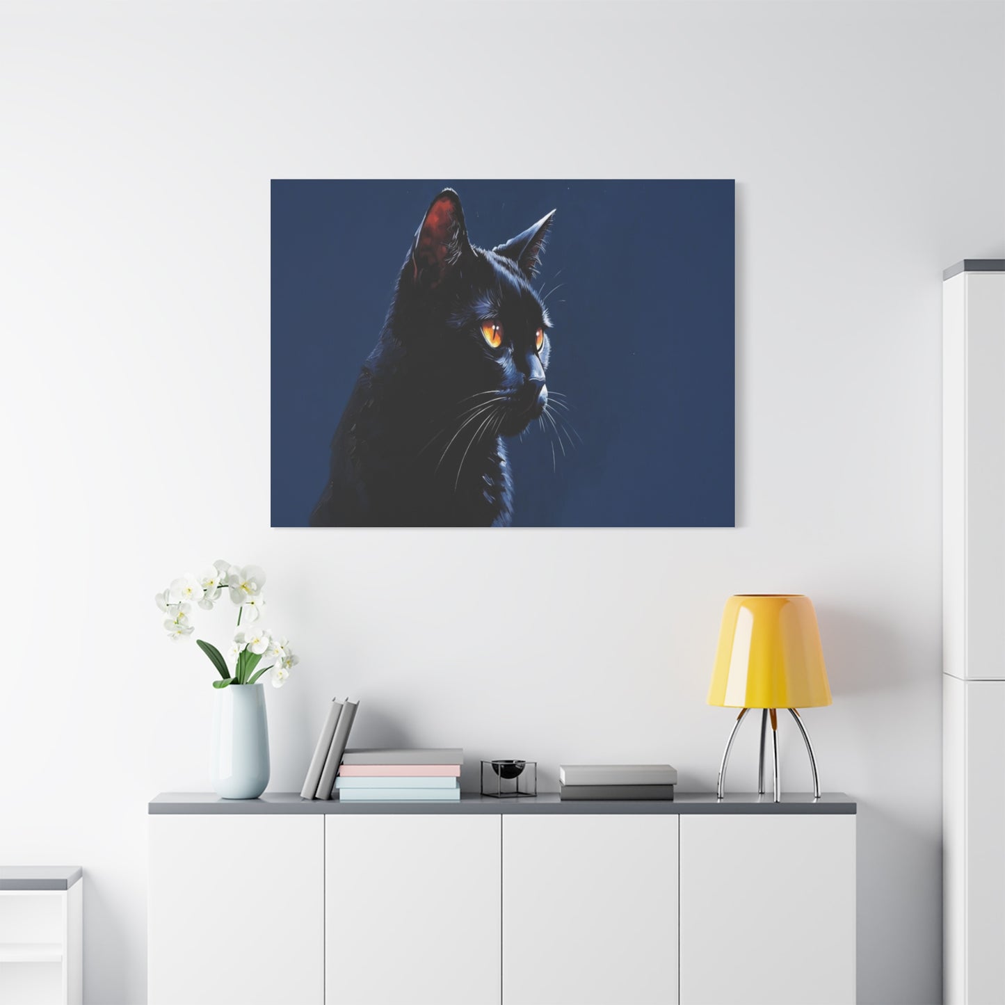 Matte Black Cat on blue background Canvas, Stretched, 1.25"
