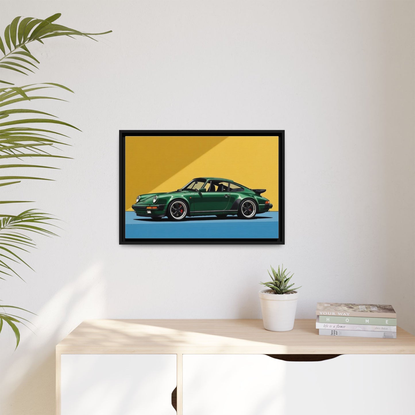 Framed Matte Canvas — Green Sports Car Wall Art