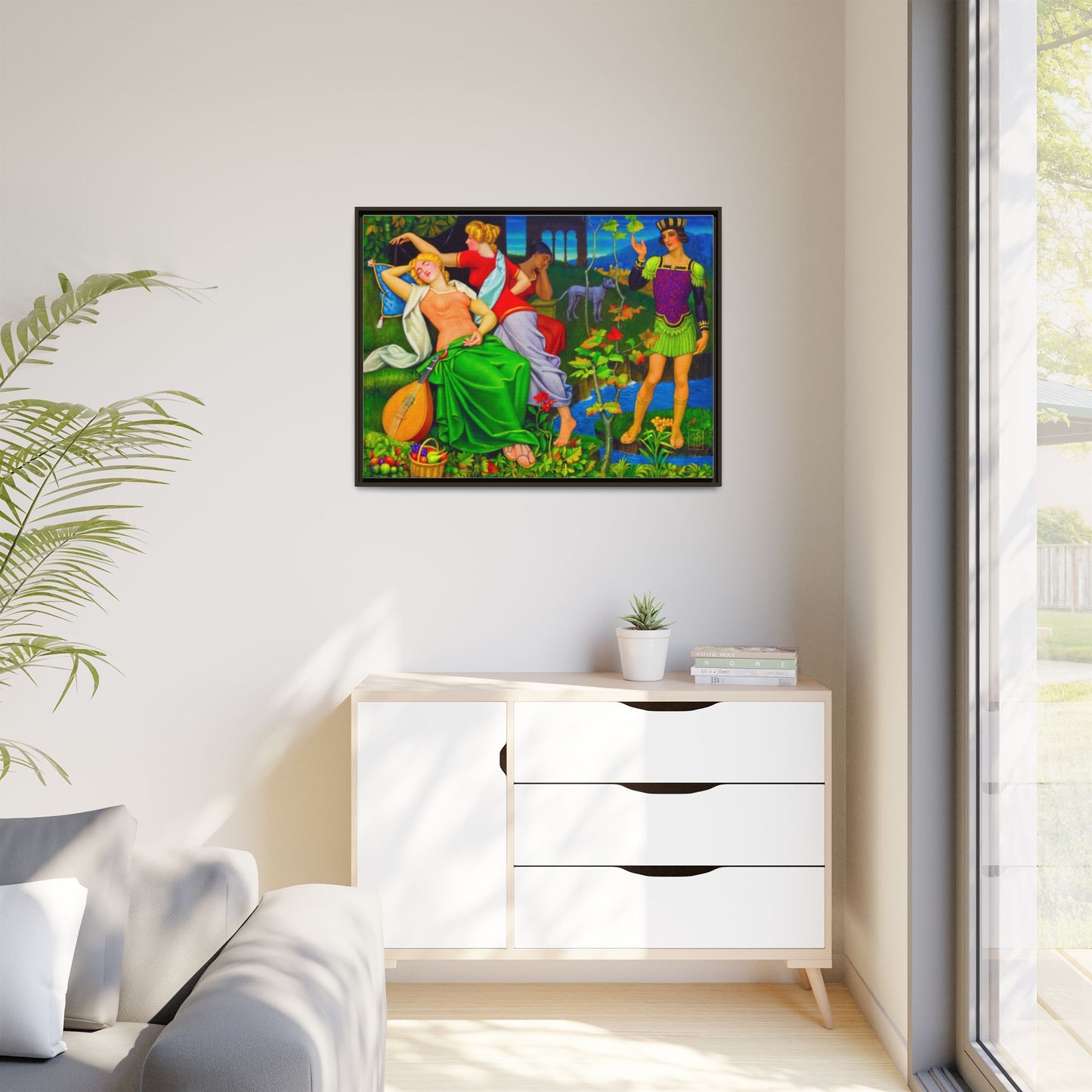 Framed Matte Canvas Art — Colorful Mythic Garden Scene