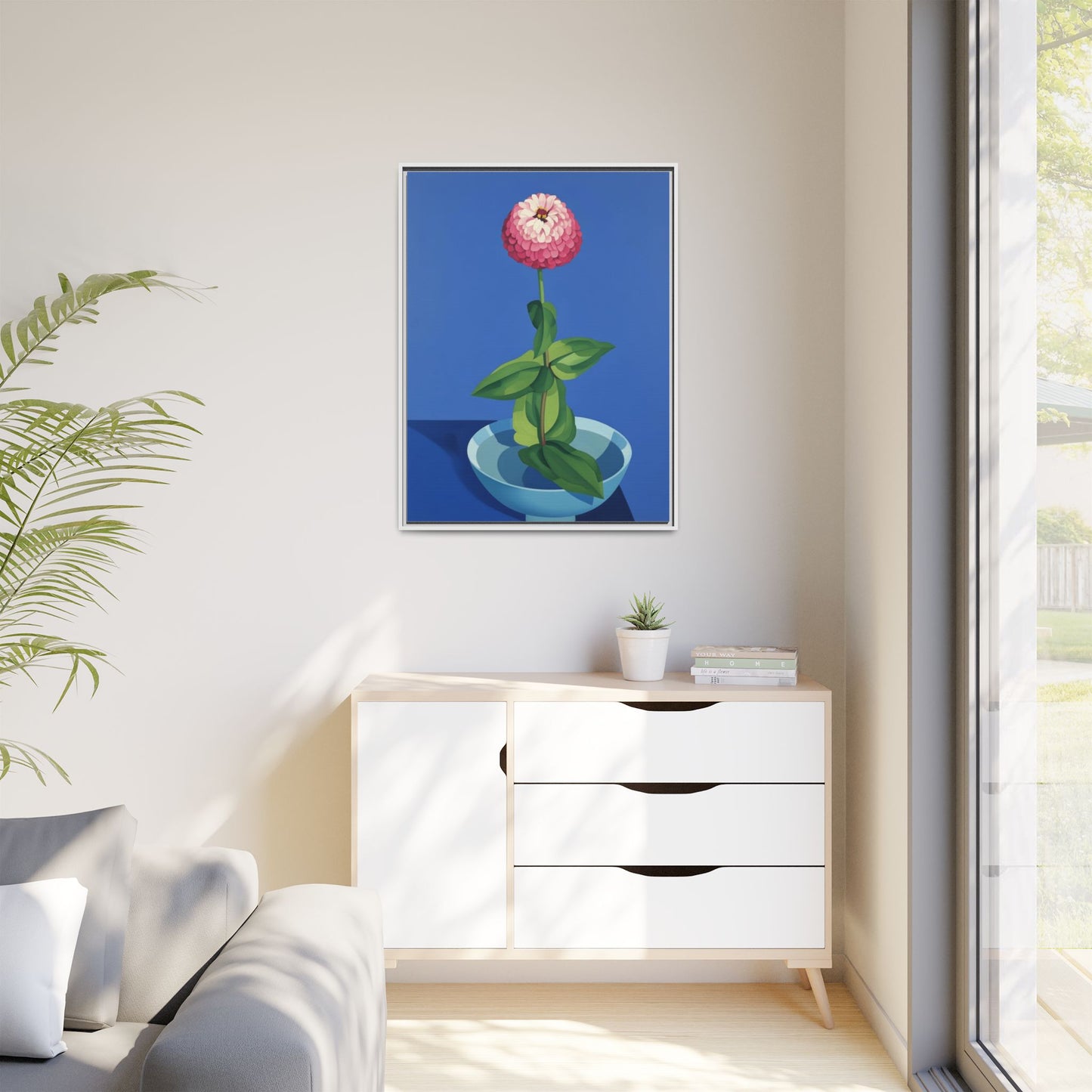 Framed Matte Canvas Art — Pink Zinnia in Blue Bowl (Botanical Still Life)
