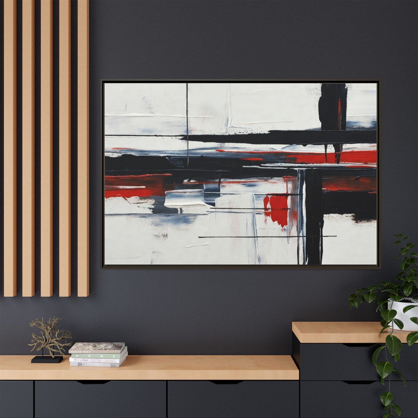 Abstract Red & Black Framed Canvas Art — Modern Matte Wall Painting