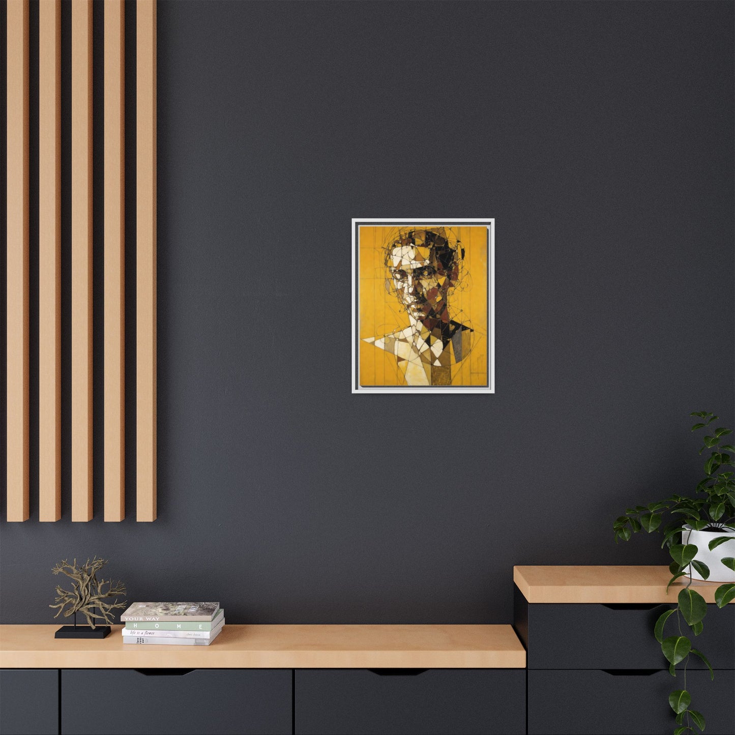 Framed Matte Canvas Art - Abstract Geometric Portrait on Mustard Yellow