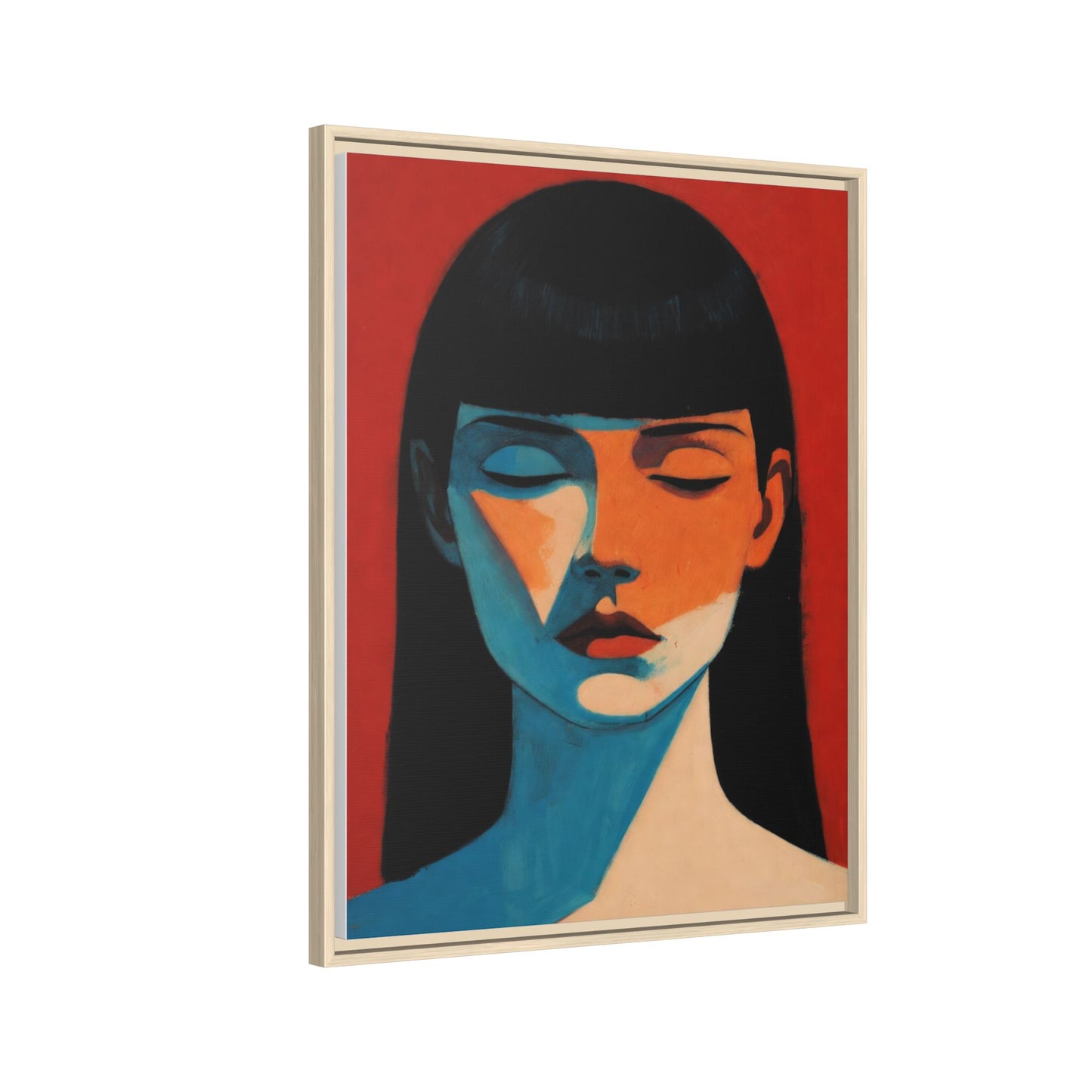 Framed Matte Canvas Art – Minimalist Portrait in Red & Teal