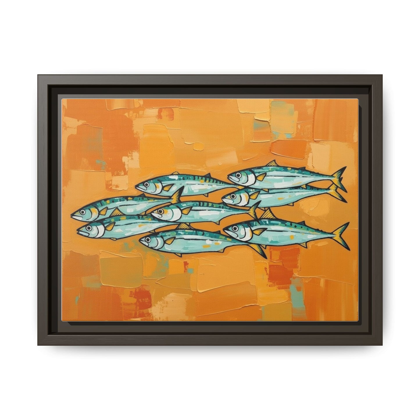 Framed Matte Canvas Print — School of Blue Fish on Orange Abstract Background