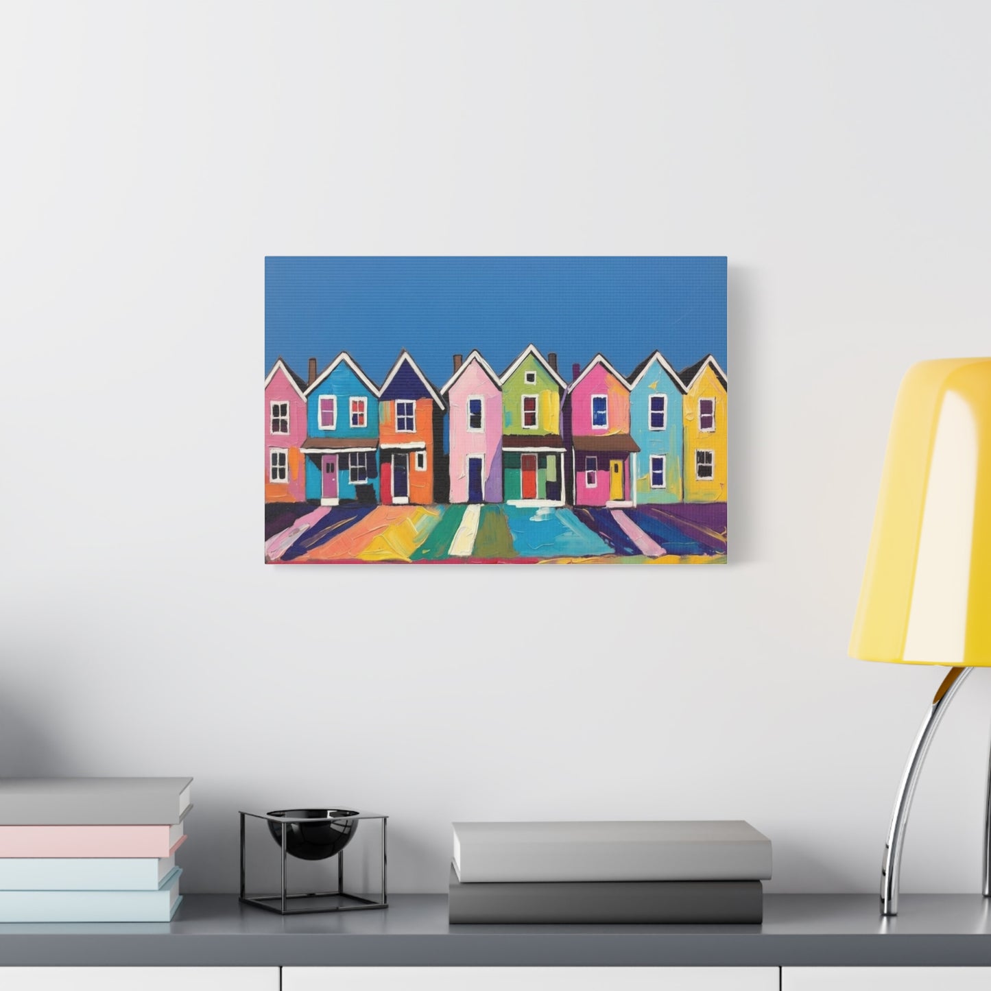 Colorful Row Houses Matte Canvas Print Vibrant Coastal Neighborhood Wall Art