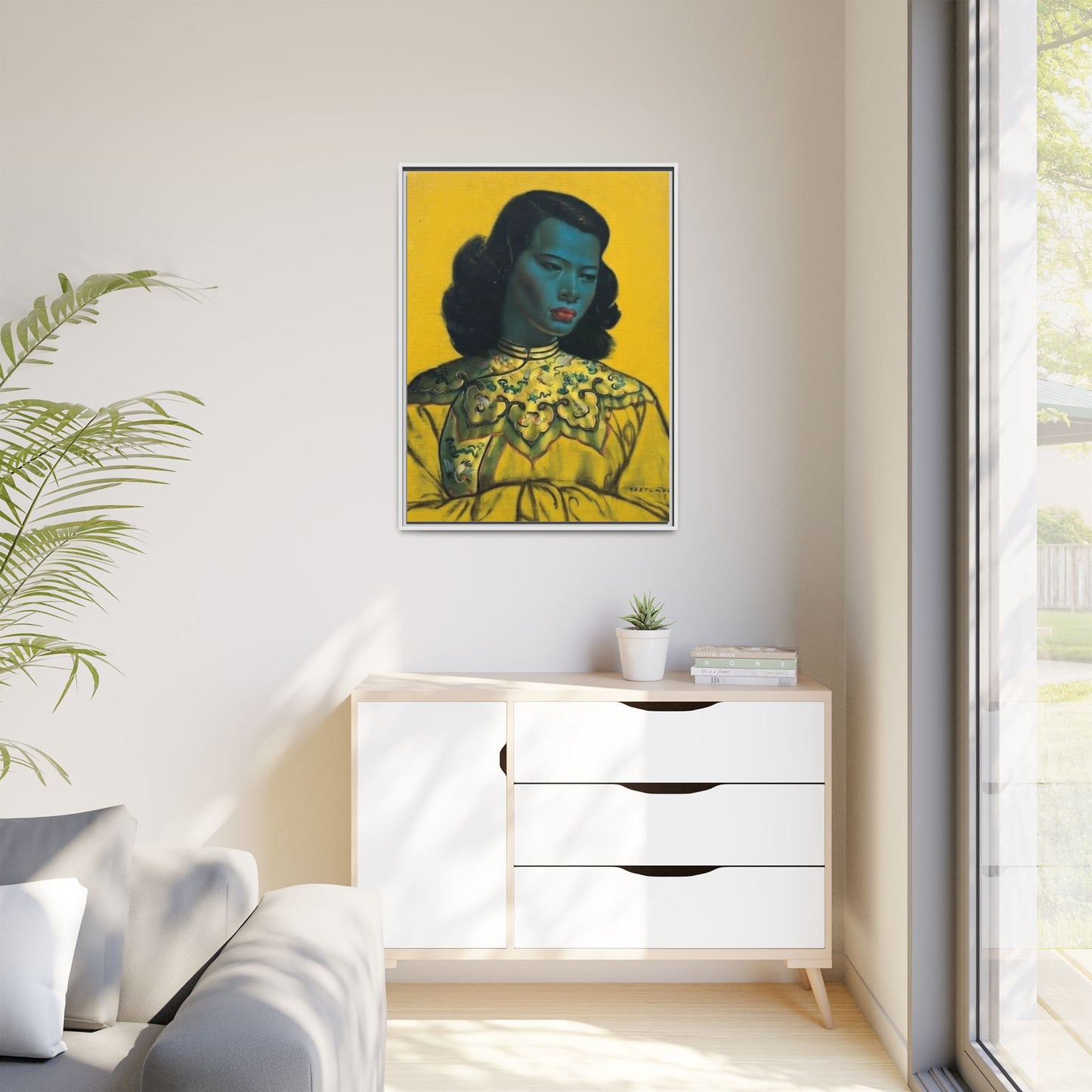 Framed Matte Canvas Art Print — Vintage Portrait with Yellow Background
