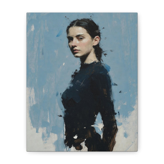 Matte Stretched Canvas Print — Portrait of a Young Woman, Moody Blue Figurative Art
