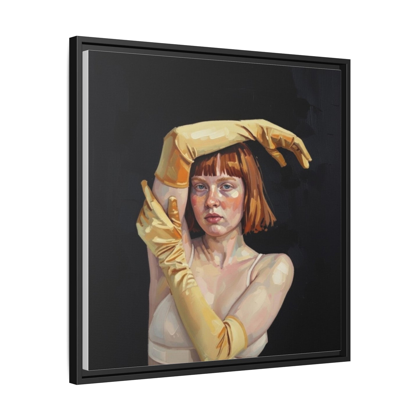 Framed Matte Canvas Art – Portrait of Woman in Yellow Gloves