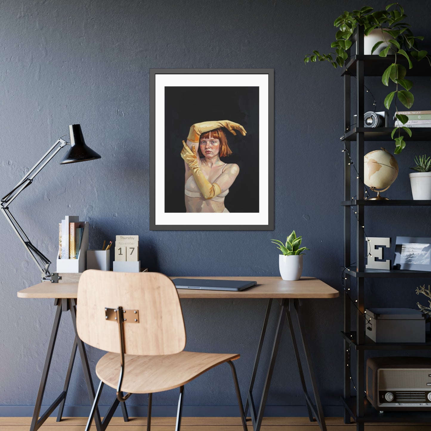 Framed Art Poster — Portrait of Redhead Woman in Yellow Gloves (Gallery Wall Print)