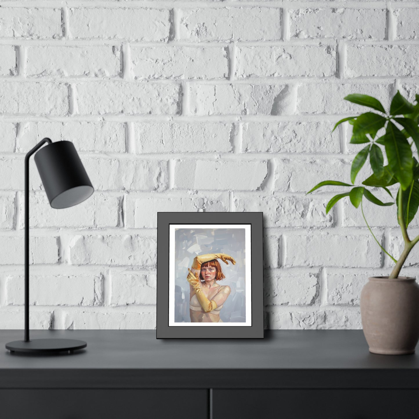 Framed Art Print — Portrait of Woman in Yellow Gloves (Modern Figurative Wall Art)