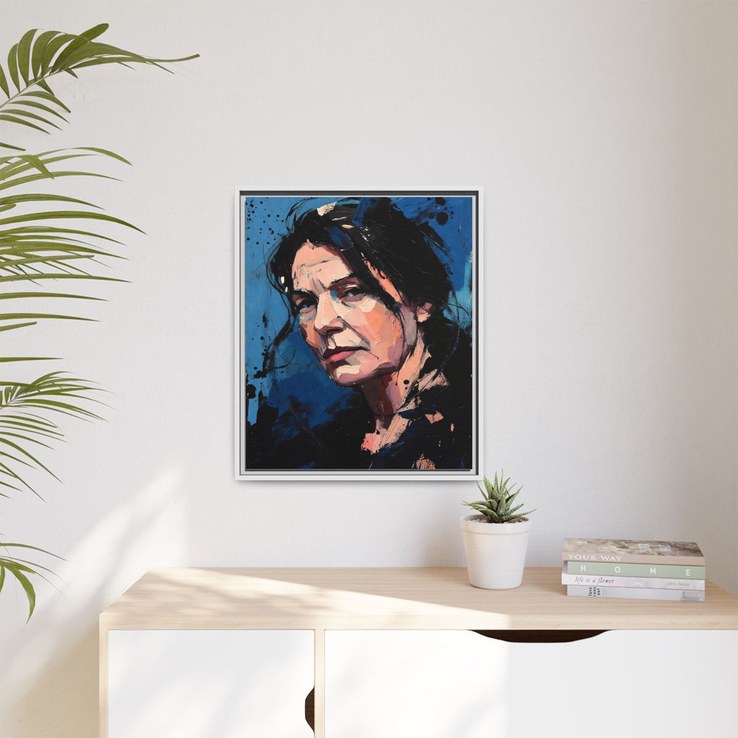 Framed Matte Canvas Portrait — Expressive Blue Painterly Woman Art