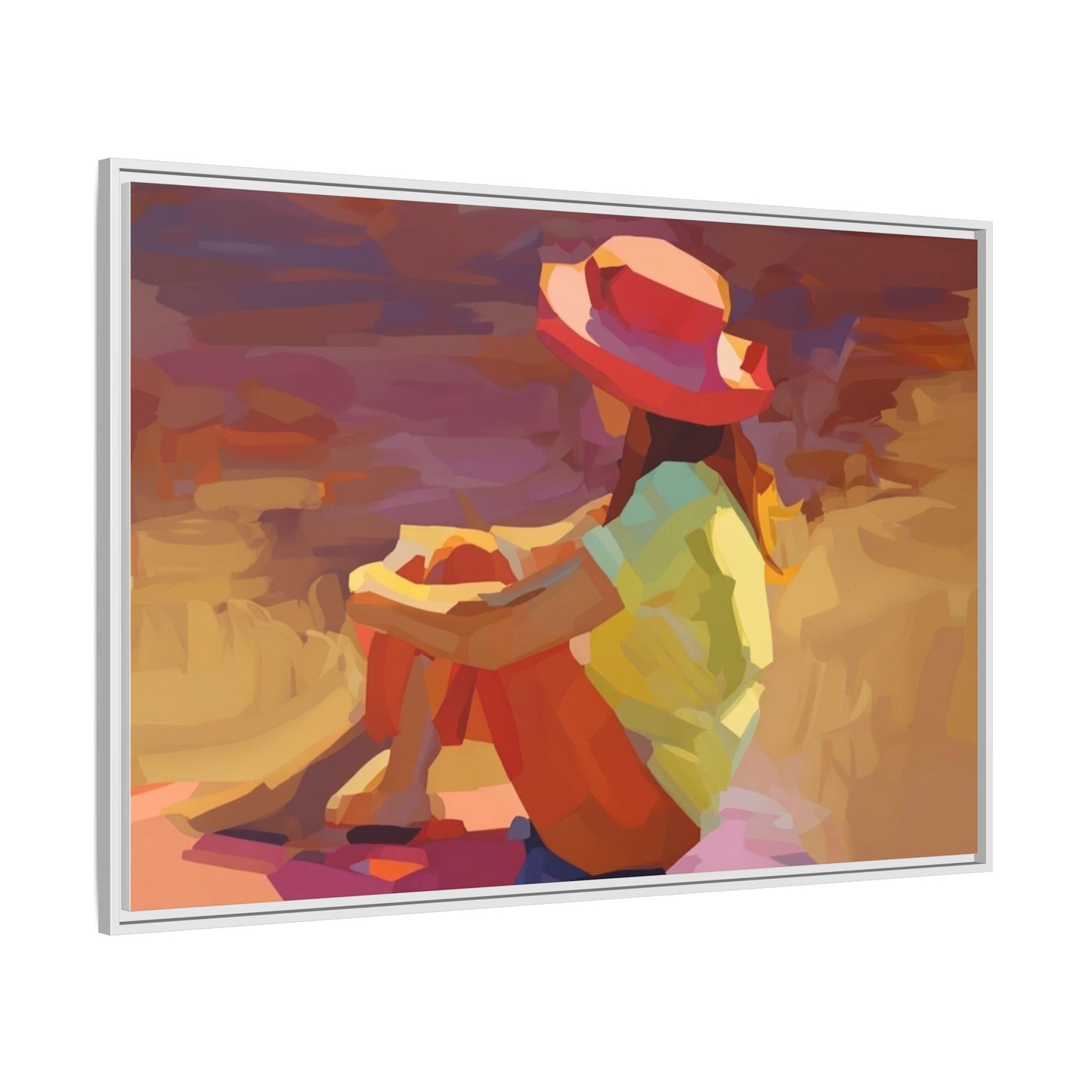 Framed Matte Canvas — Colorful Seated Girl Beach Art