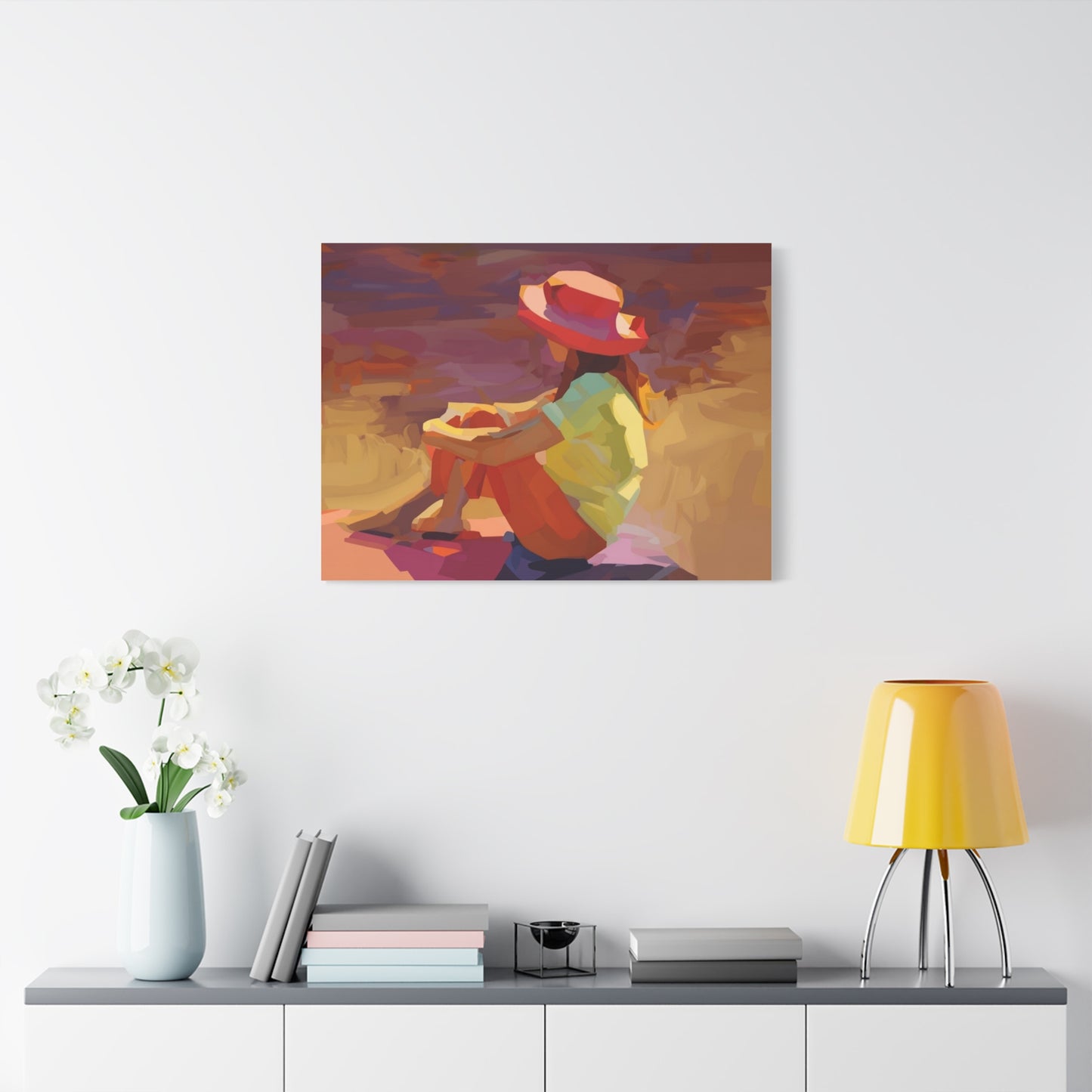 Sunset Daydream Canvas Art — Girl in Hat Matte Stretched Wall Art