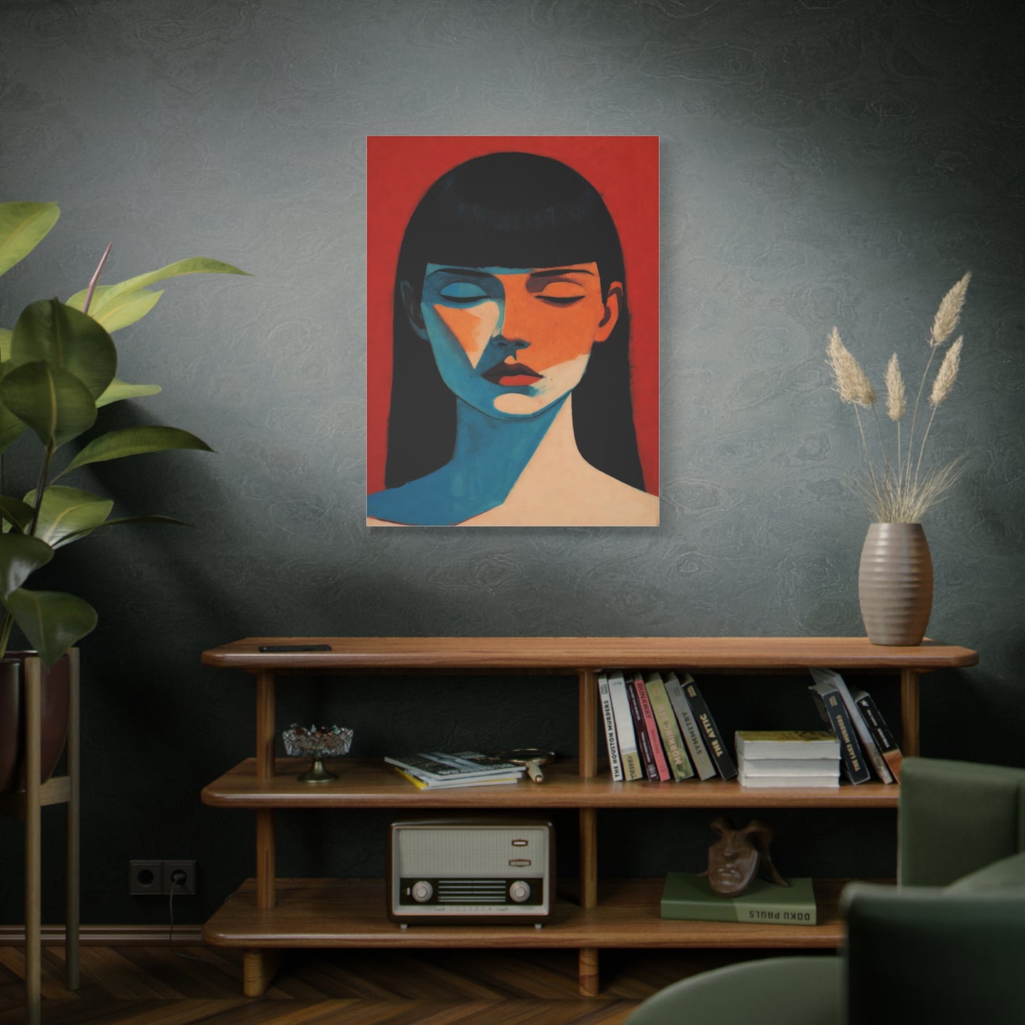 Portrait Canvas Wall Art — Modern Minimalist Woman in Red & Blue