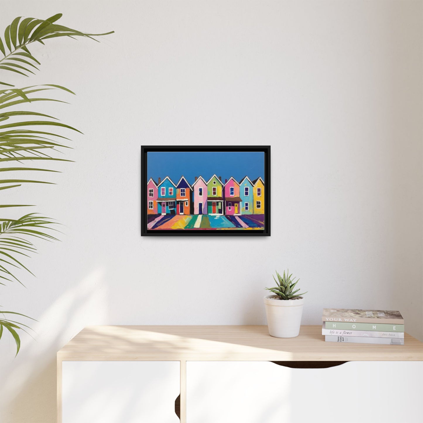 Colorful Beach Houses Matte Canvas Framed Wall Art