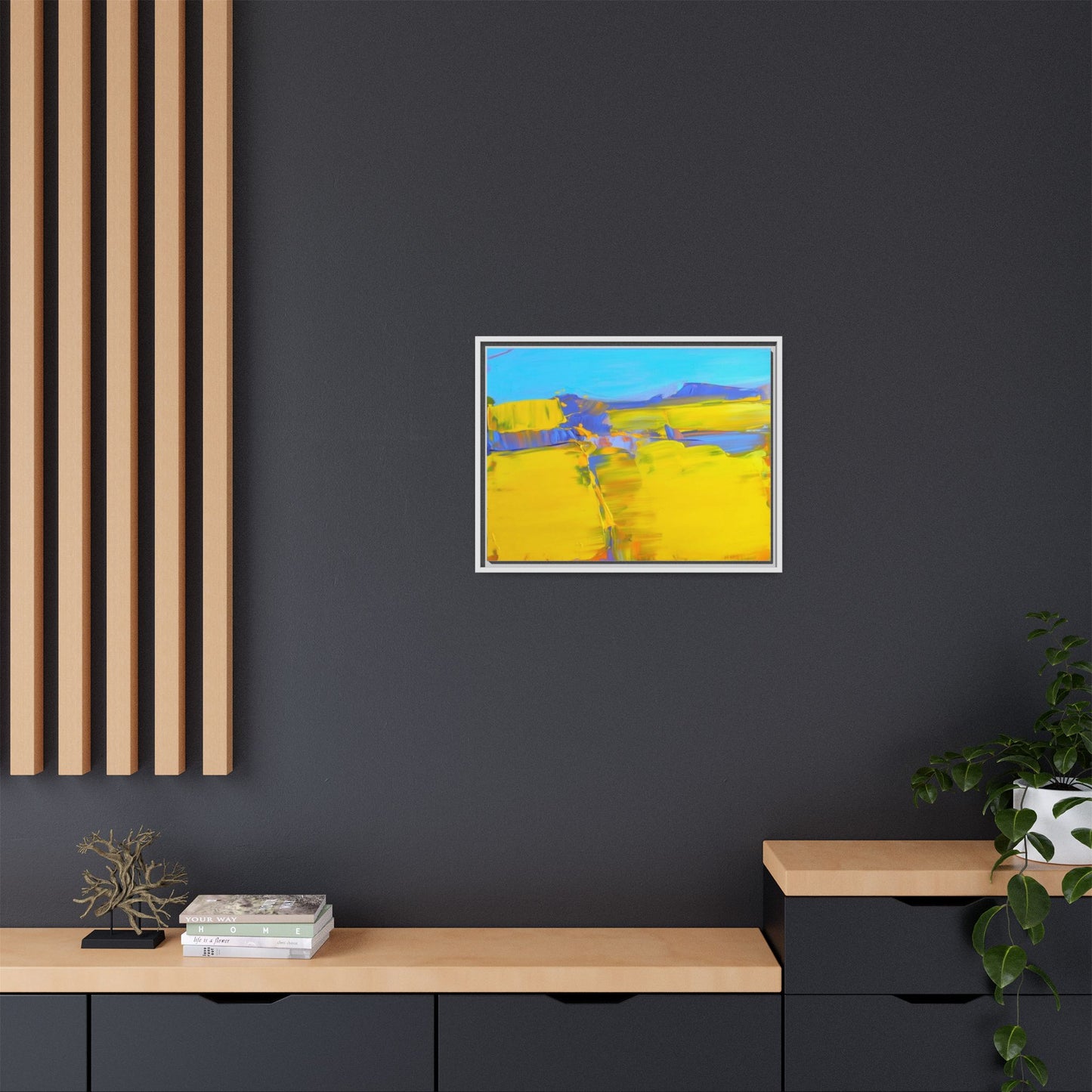 Framed Matte Canvas  Vibrant Yellow Blue Abstract Landscape Art