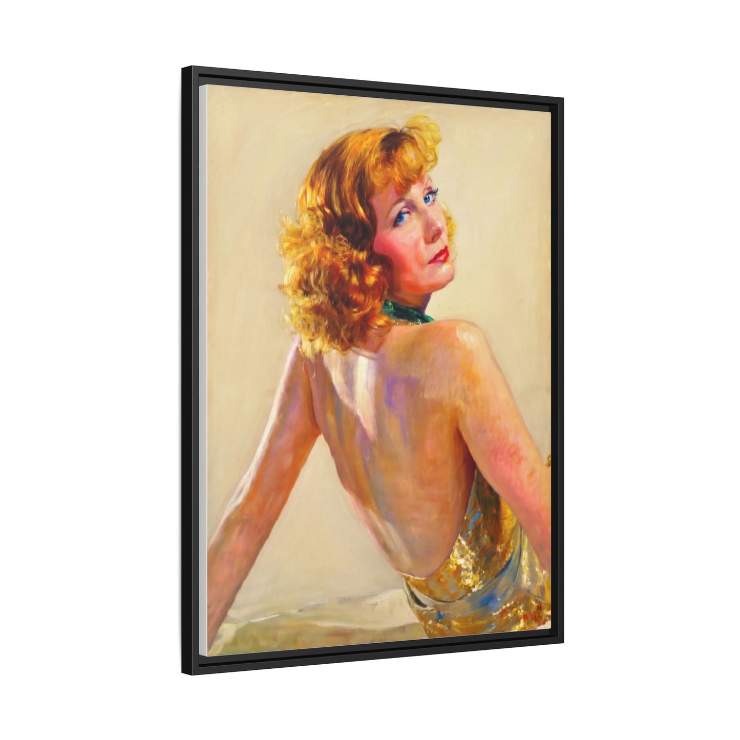 Framed Matte Canvas Print — Vintage Portrait of Redhead Greta Garbo in Gold Dress