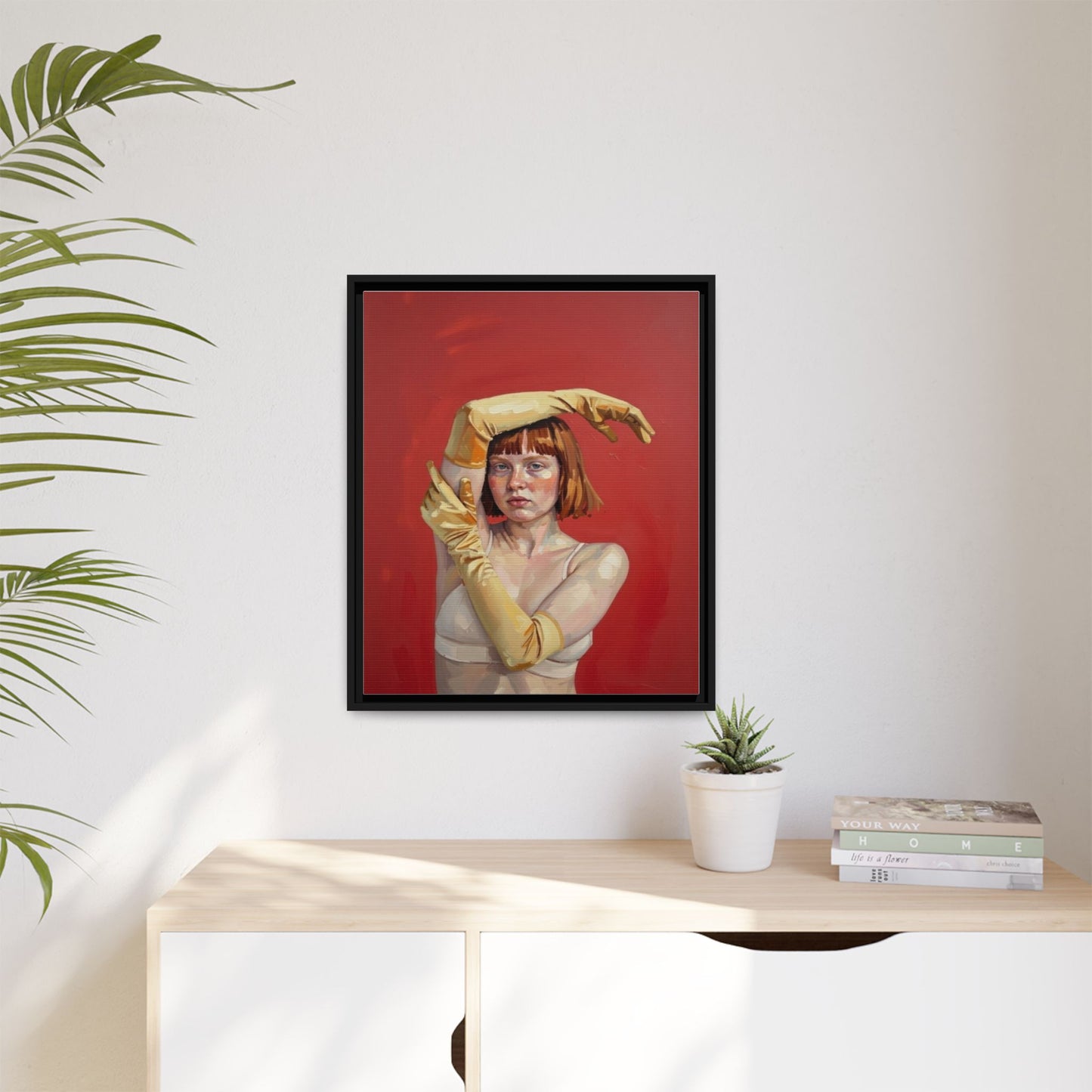 Framed Matte Canvas Art - Portrait of Woman in Yellow Gloves (Red Background)