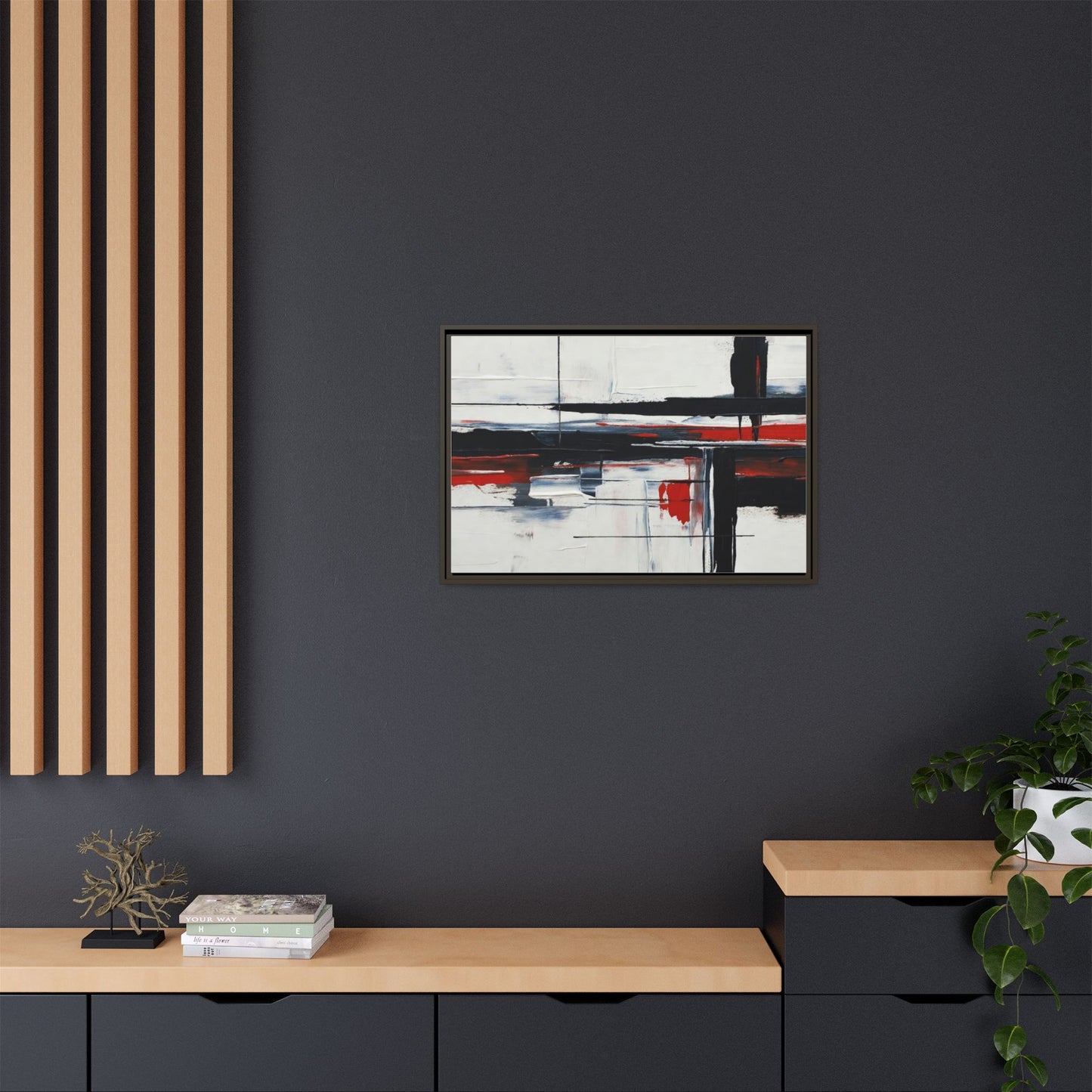 Abstract Red & Black Framed Canvas Art — Modern Matte Wall Painting
