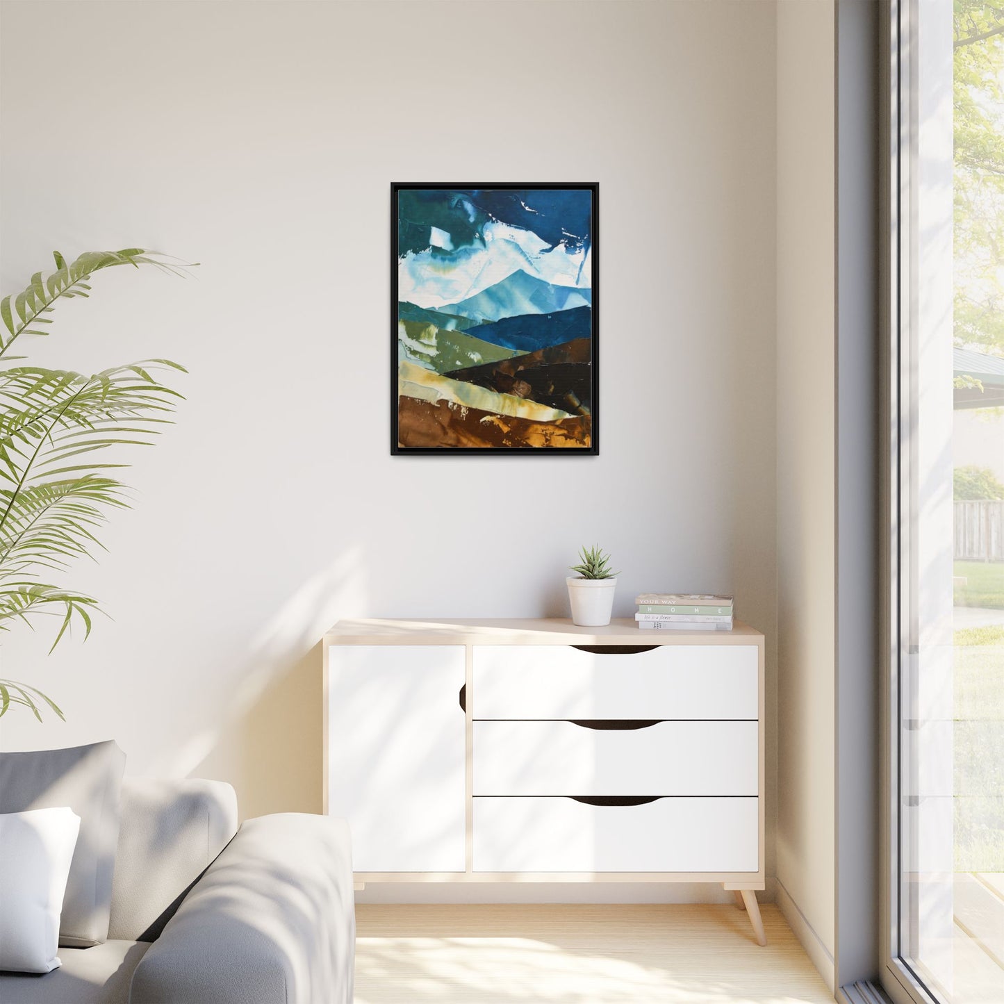Framed Abstract Mountain Canvas Art — Blue & Earthtone Landscape Print