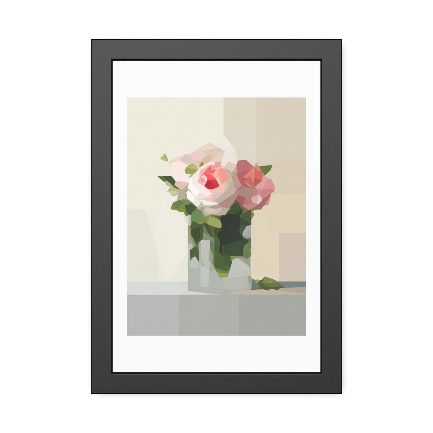 Framed Floral Poster — Geometric Pink Rose Wall Art