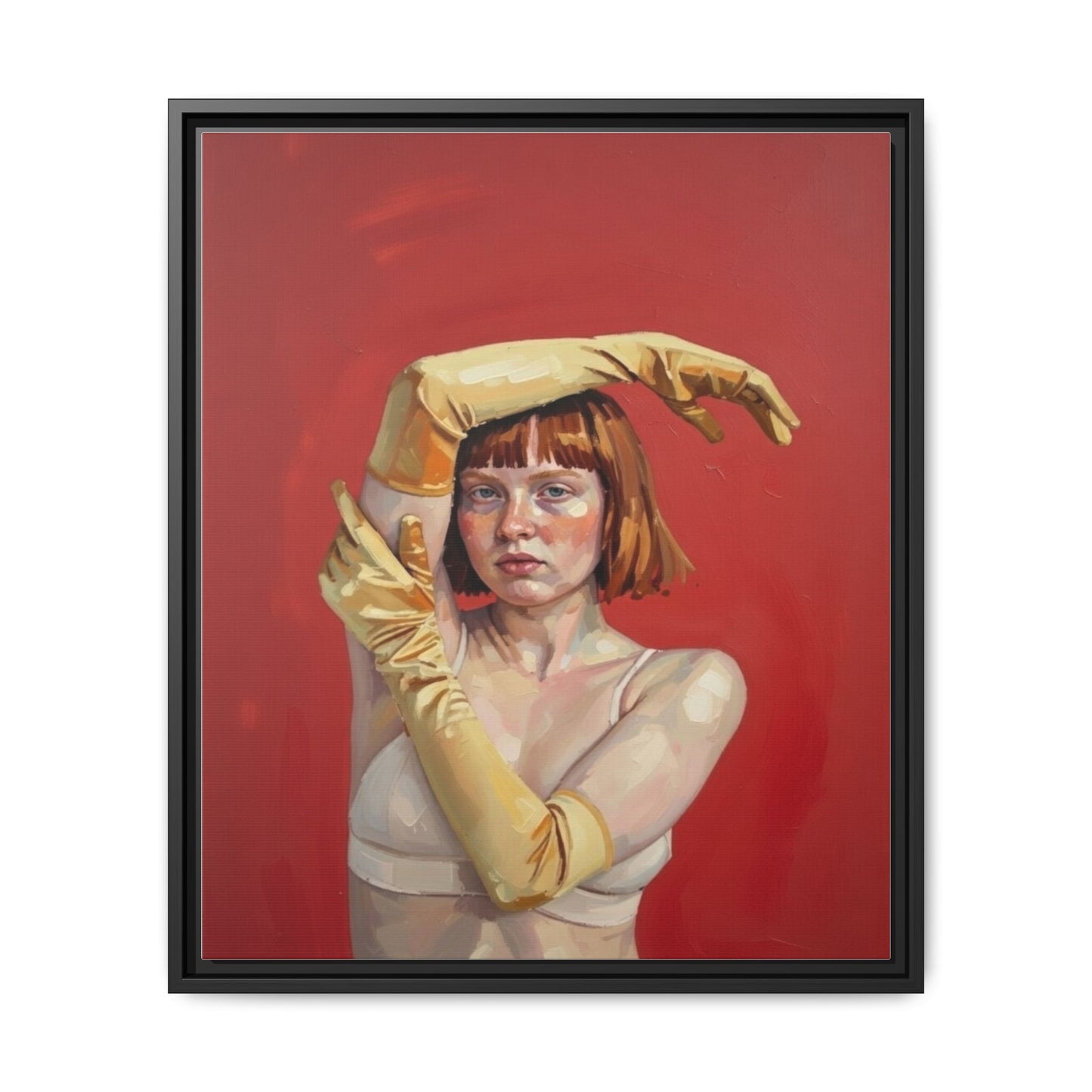 Framed Matte Canvas Art - Portrait of Woman in Yellow Gloves (Red Background)
