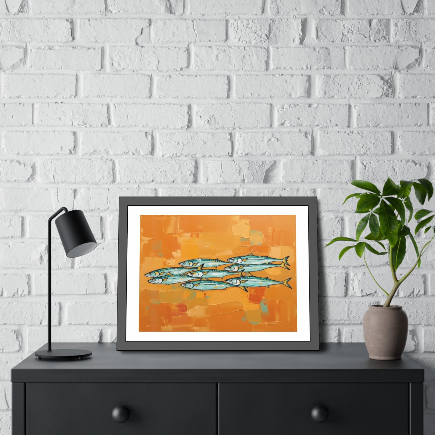 Framed Fish Art Print — School of Mackerel on Orange Abstract Background