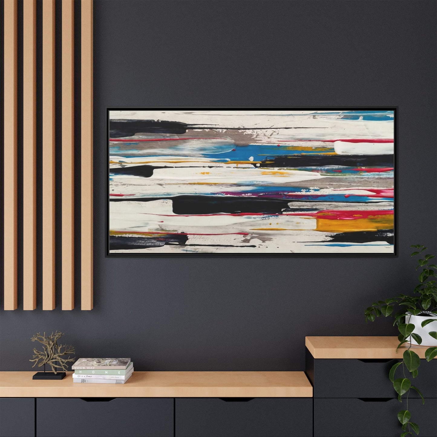 Abstract Multi-Color Framed Canvas Wall Art — Modern Horizontal Brushstroke Print