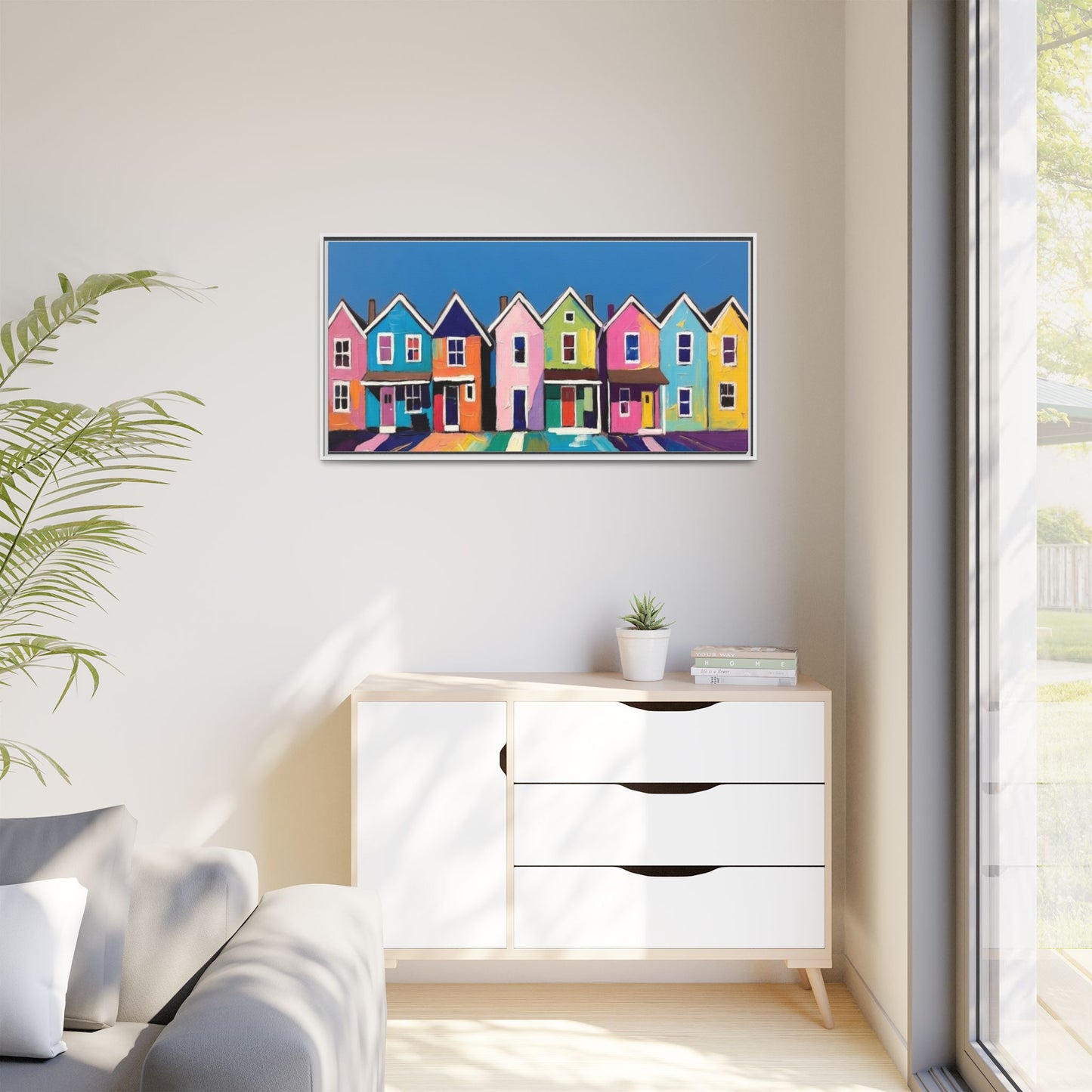 Colorful Beach Houses Matte Canvas Framed Wall Art