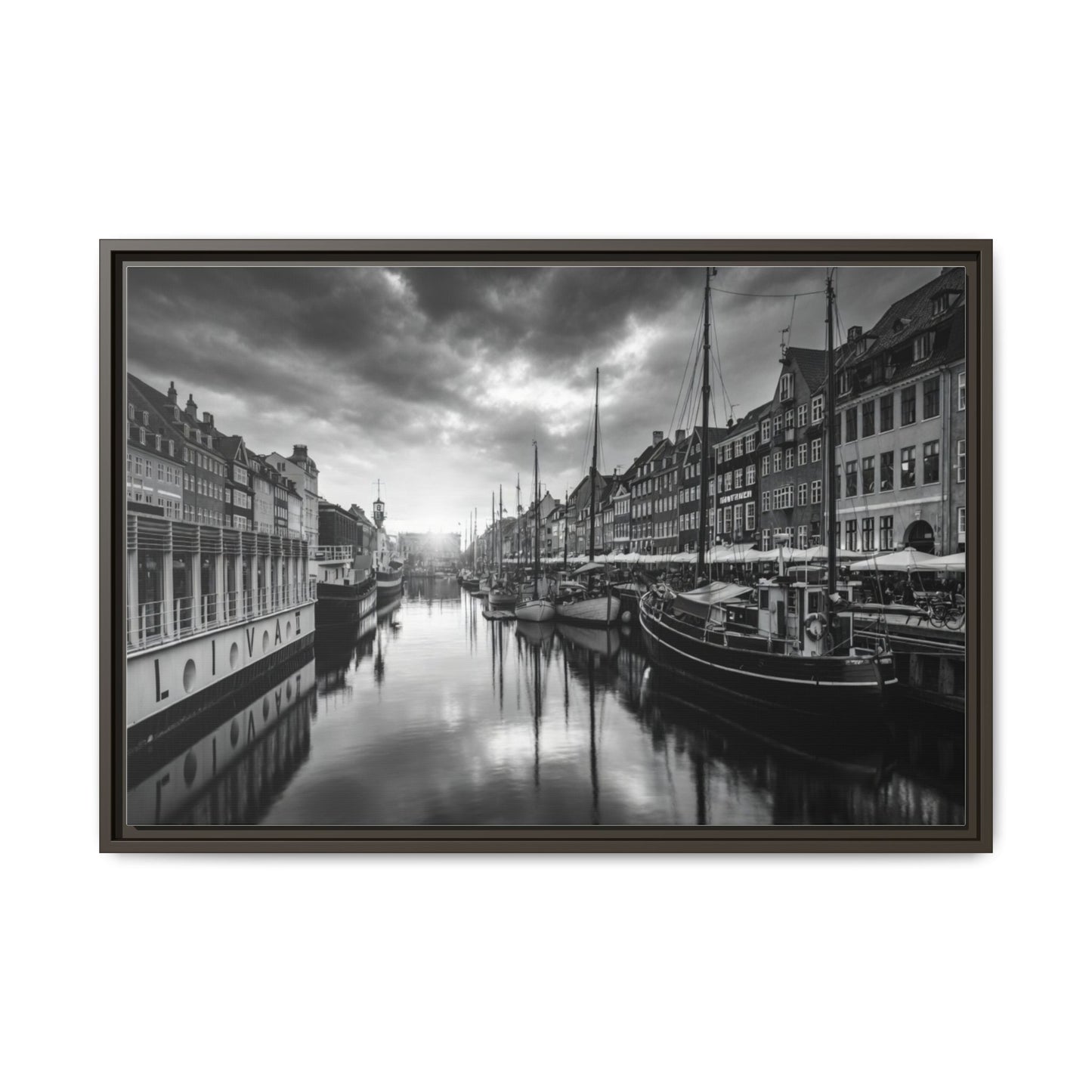Framed Matte Canvas: Black & White Dutch Canal Photography Wall Art