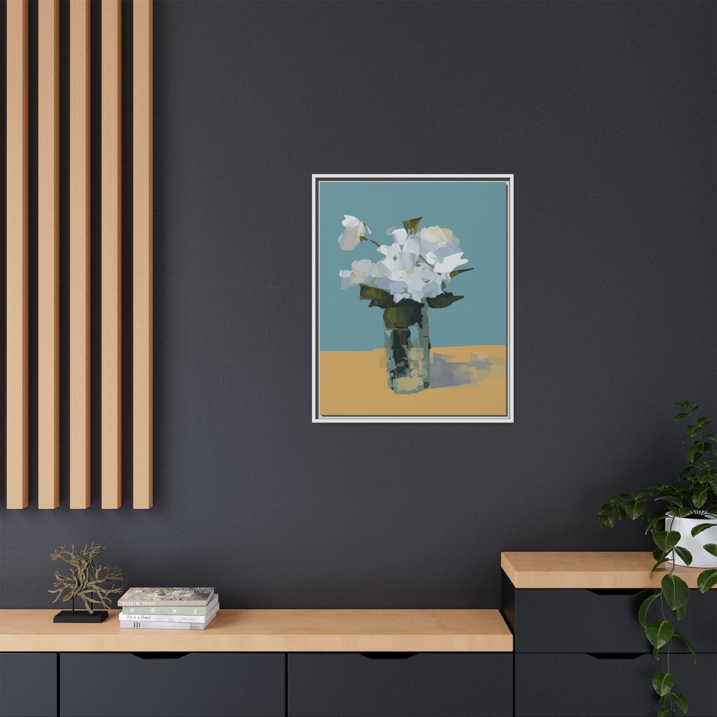 Framed Floral Still Life Canvas Art — Modern White Bouquet Wall Art