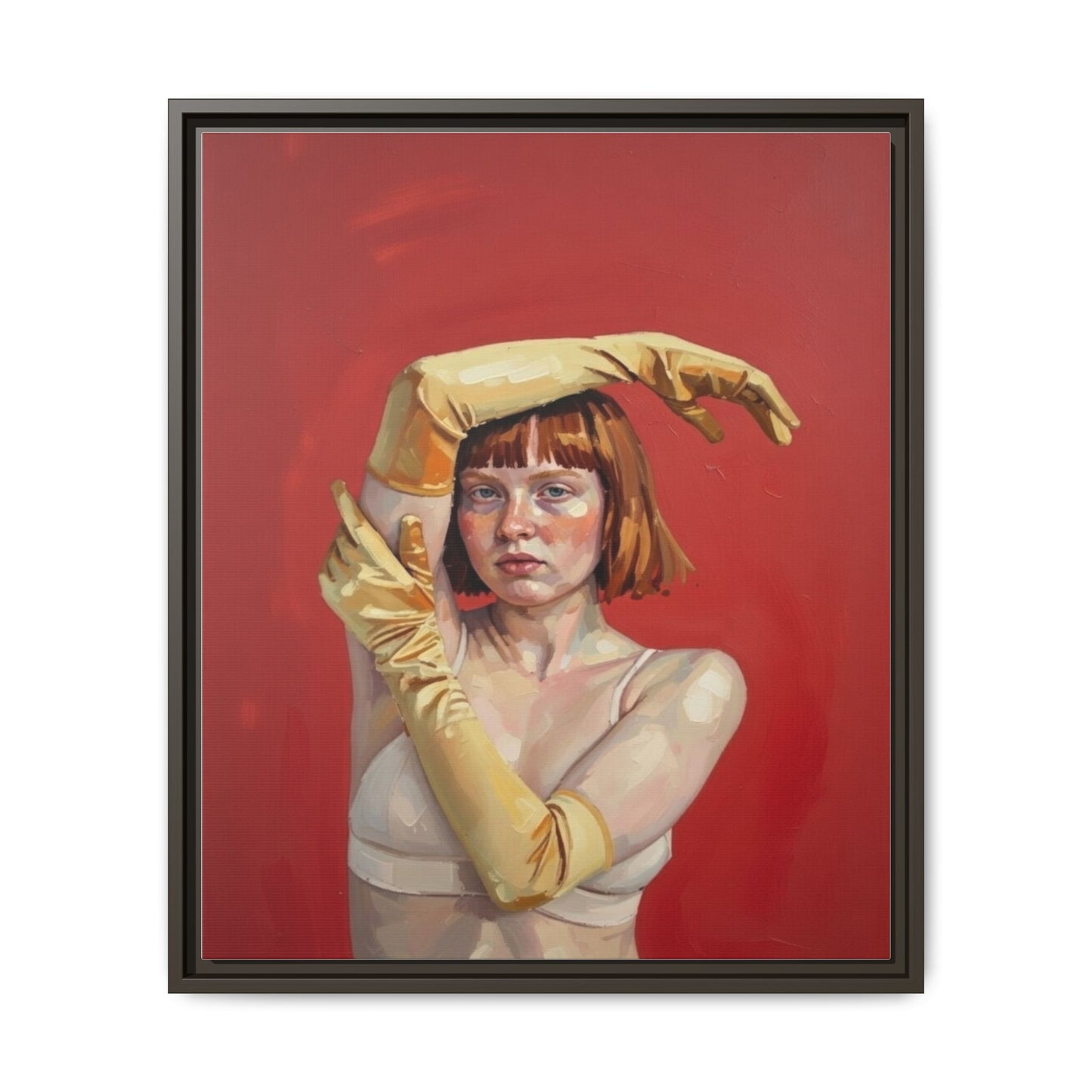 Framed Matte Canvas Art - Portrait of Woman in Yellow Gloves (Red Background)