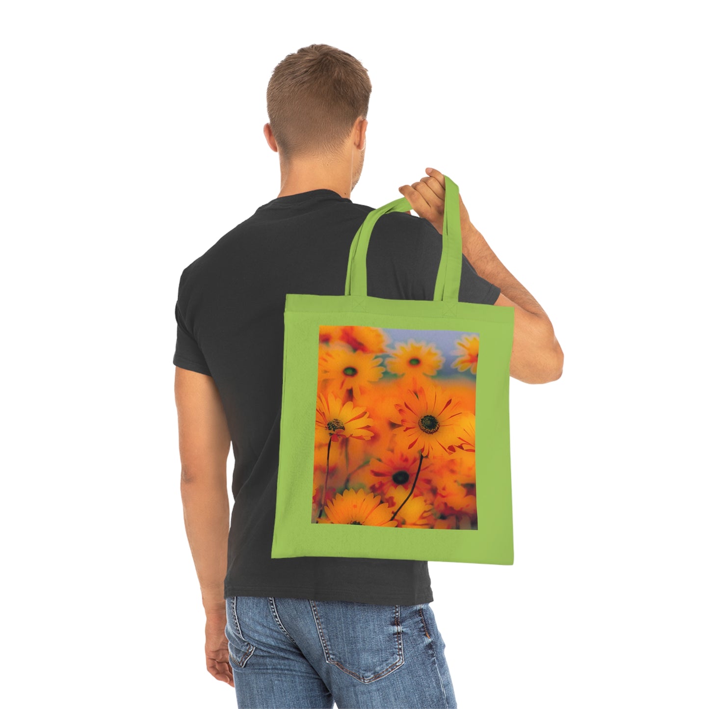 Floral Sunburst Cotton Tote — Bright Orange Daisy Print