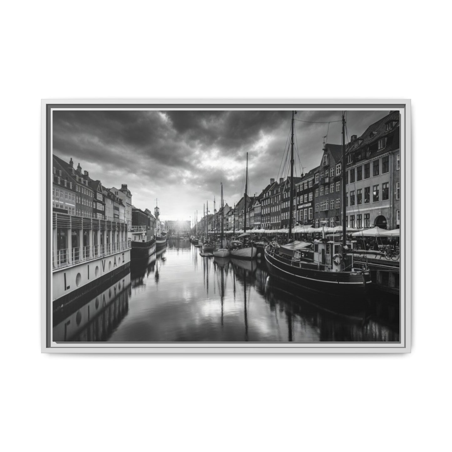 Framed Matte Canvas: Black & White Dutch Canal Photography Wall Art