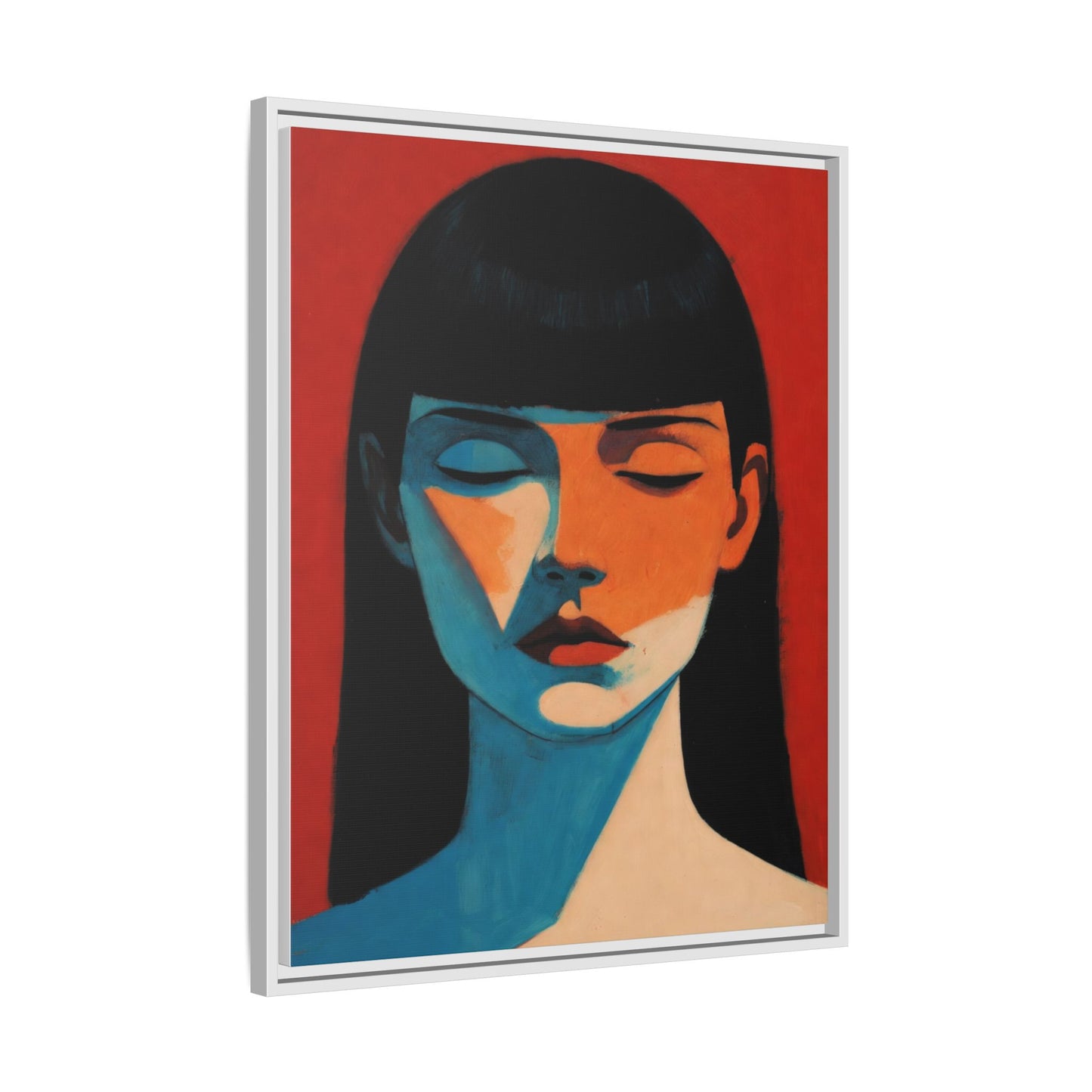 Framed Matte Canvas Art – Minimalist Portrait in Red & Teal