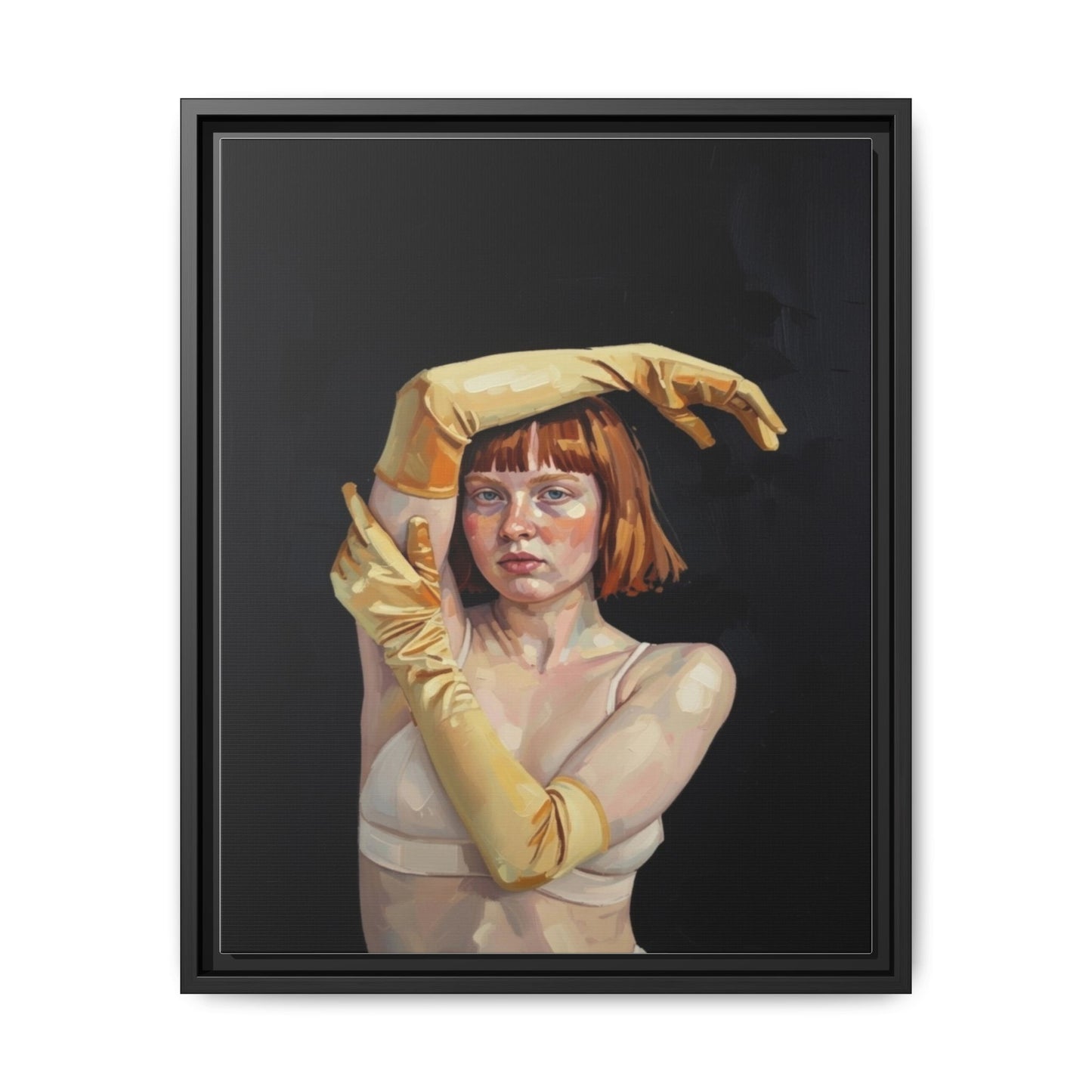 Framed Matte Canvas Art – Portrait of Woman in Yellow Gloves