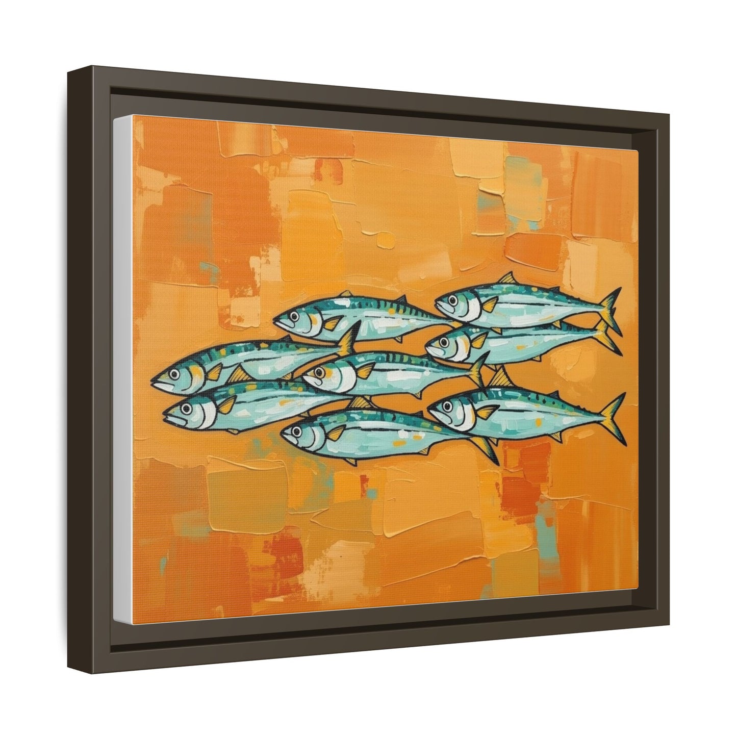 Framed Matte Canvas Print — School of Blue Fish on Orange Abstract Background
