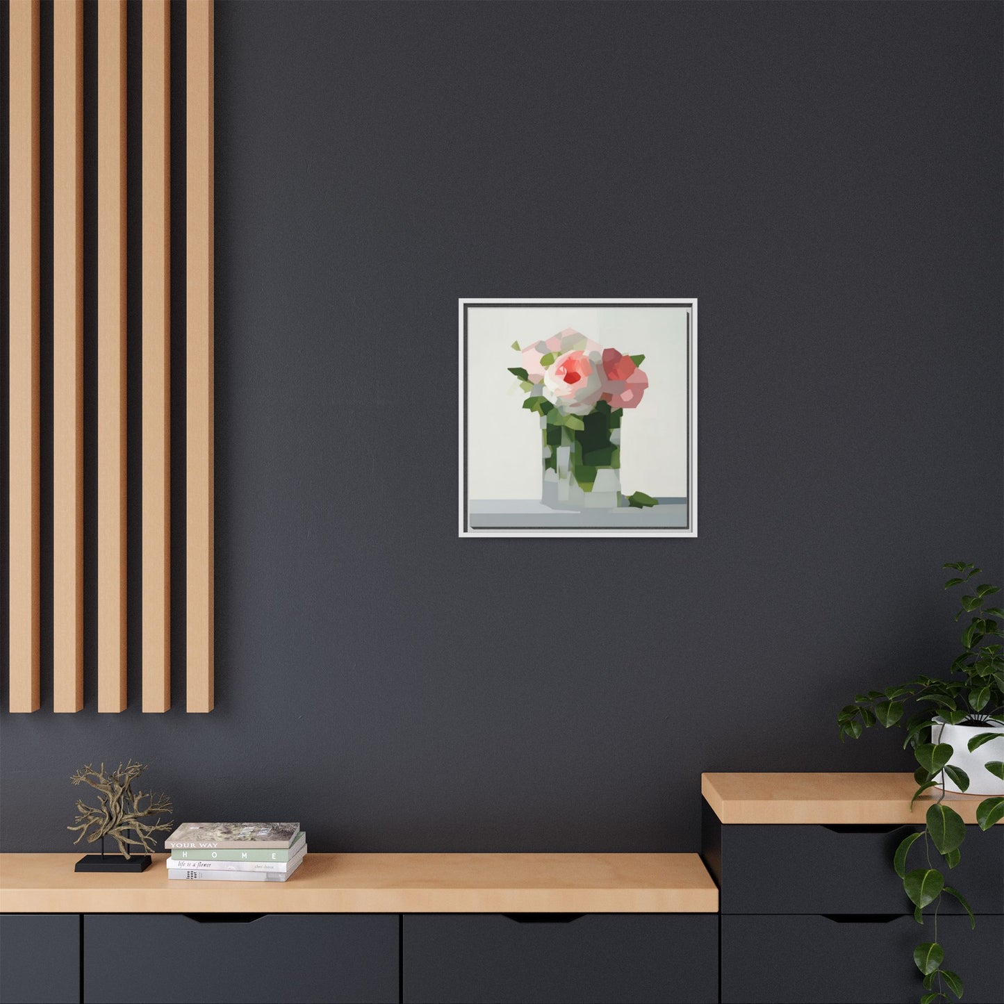 Framed Floral Canvas Print — Modern Pink Roses Still Life