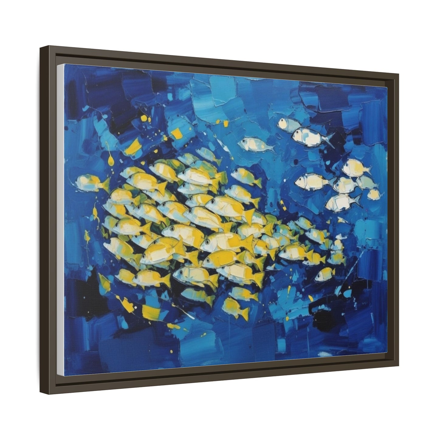 Framed Matte Canvas: Blue School of Fish Wall Art