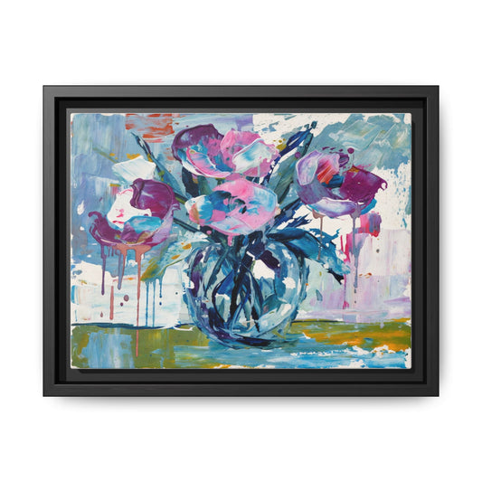 Framed Floral Canvas Art — Abstract Pink & Blue Bouquet
