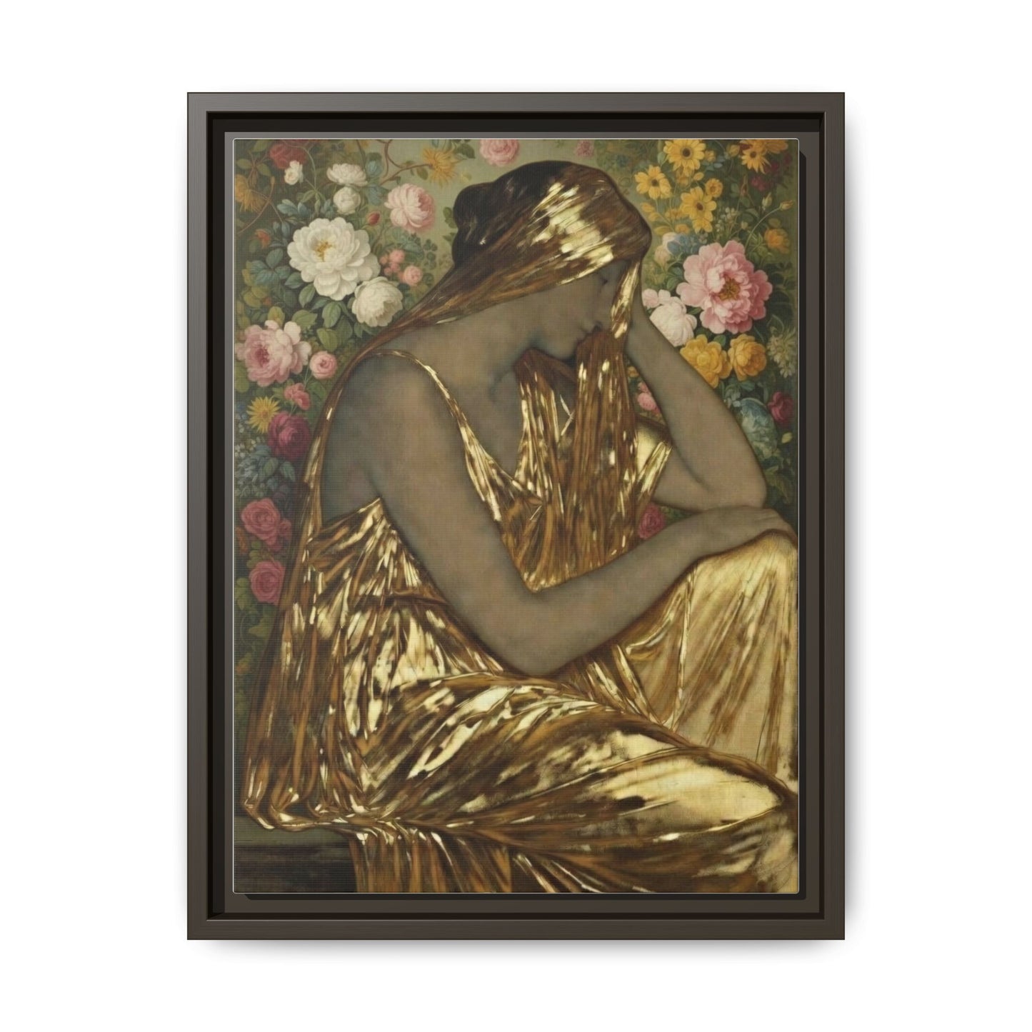 Framed Canvas Art Print — Golden Muse Woman with Floral Background