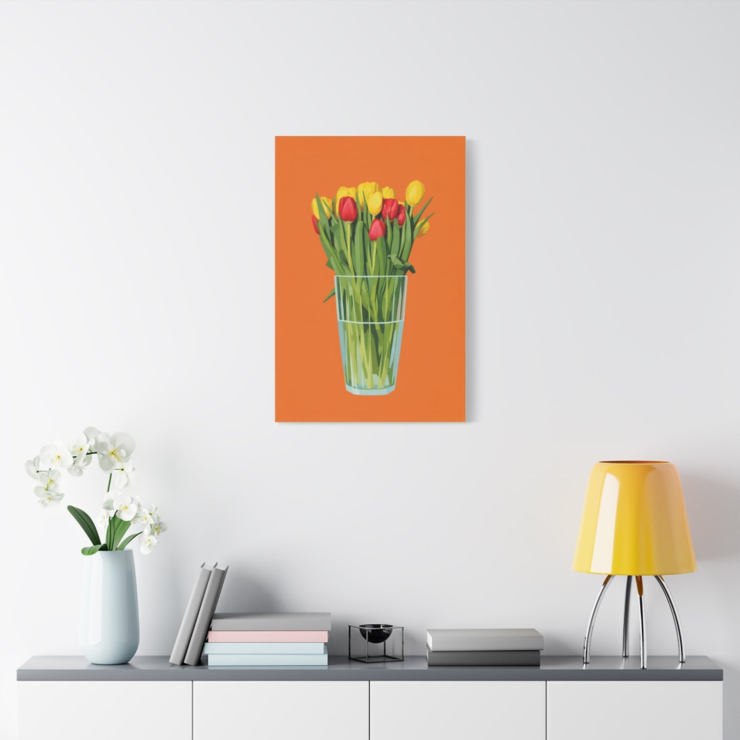 Tulip Bouquet Canvas Wall Art – Glass Vase on Orange