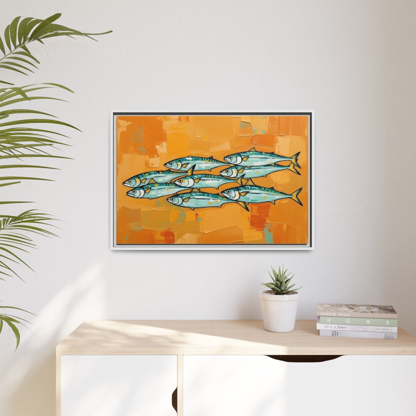 Framed Matte Canvas Print — School of Blue Fish on Orange Abstract Background