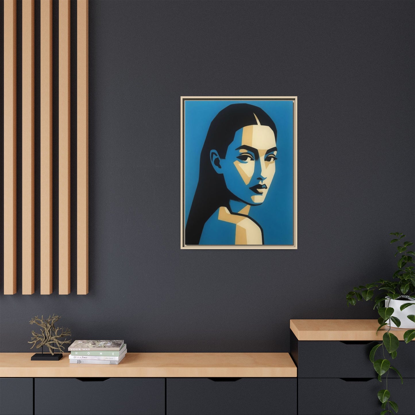 Framed Pop Art Portrait Canvas — Blue Geometric Woman Print