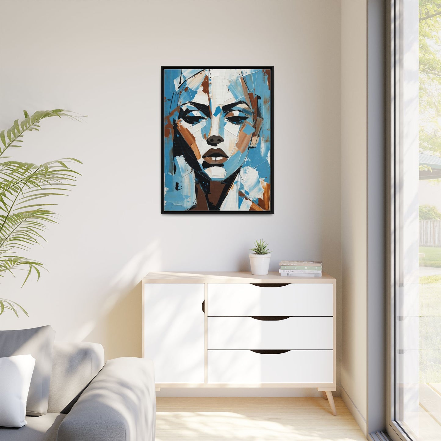 Abstract Blue Face Matte Canvas Wall Art — Framed Modern Portrait Print