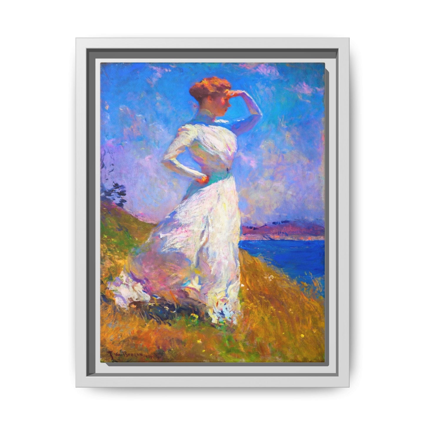 Framed Matte Canvas Art - Woman in White Seaside Impressionist Print
