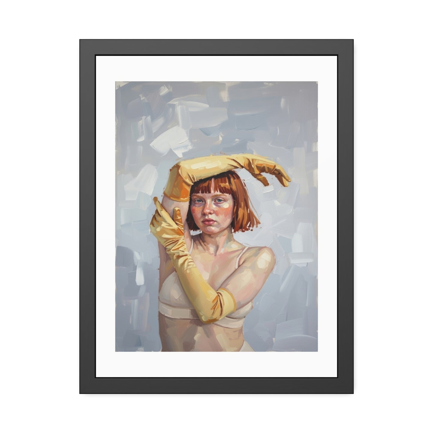 Framed Art Print — Portrait of Woman in Yellow Gloves (Modern Figurative Wall Art)